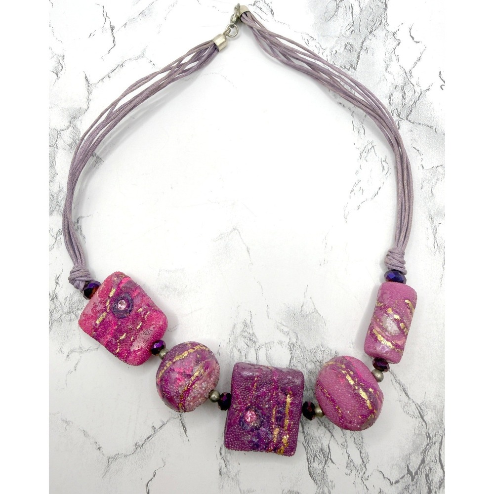 Chunky Geometric Statement Necklace Purple Pink Beaded Cord Artisan Style - Picture 2 of 4